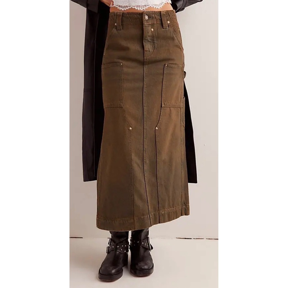 Free People We The Free Timber Maxi Skirt Olive Green Carpenter Utility 27